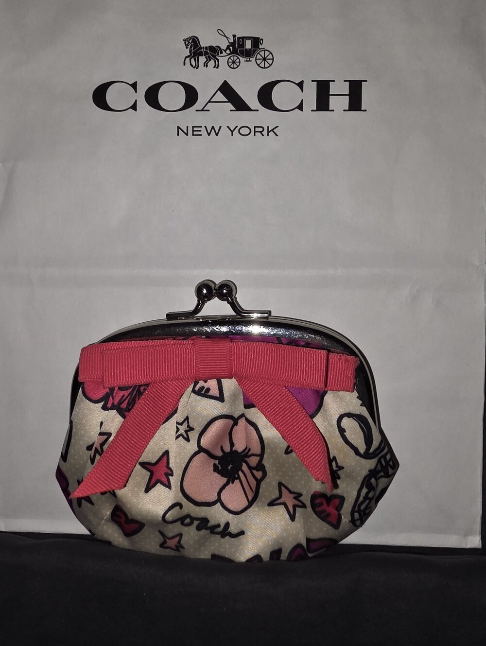 Y2K Coach Poppy Kisslock Coin Purse/pouch with Pink Ribbon Bow